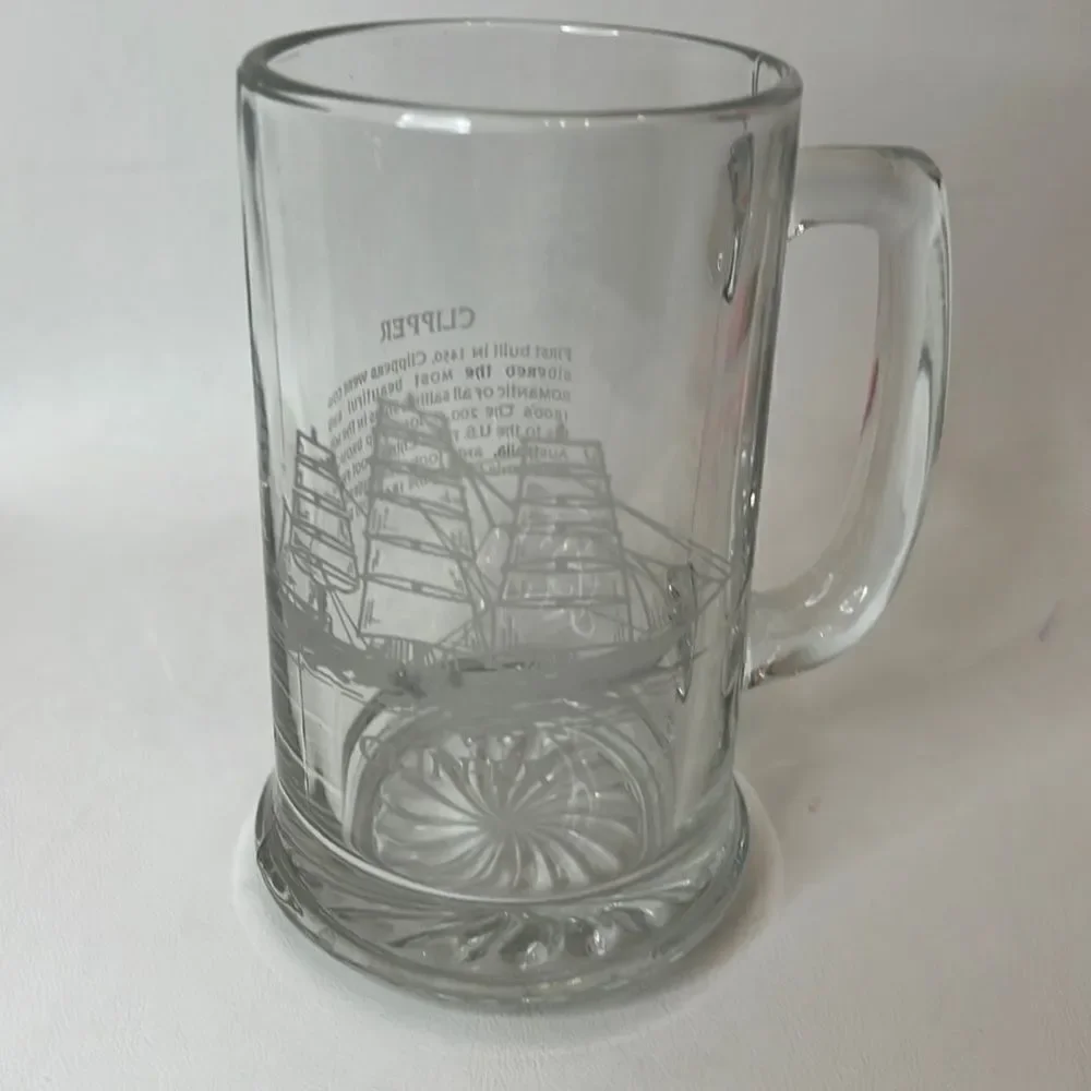 Clipper Sailing Ship Beer Stein Clear Glass White Letters 14 Oz 5 3/4 In Tall